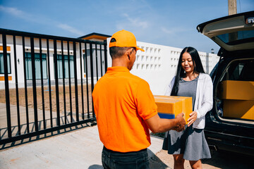 Efficient delivery service illustrated as a courier hands a cardboard parcel to a smiling woman customer at her home emphasizing modern home delivery logistics.