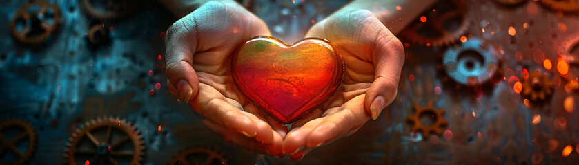 Rainbow hands presenting a bright red heart against a steampunk-inspired minimalist background. The image includes gears and mechanical elements, creating a unique blend of warmth and industrial