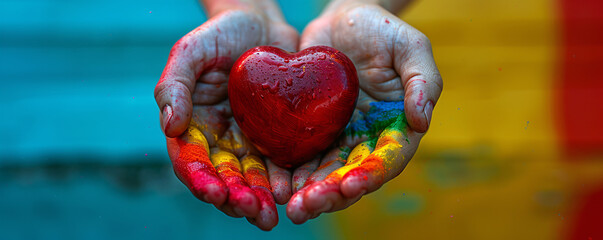 Naklejka premium Steampunk rainbow hands delicately hold a red heart, centered on a minimalist color background. The image merges whimsical steampunk elements with a strong symbol of love, providing an eye-catching