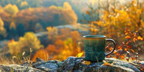 A coffee cup sitting on top of a rock. Perfect for outdoor and nature themed designs