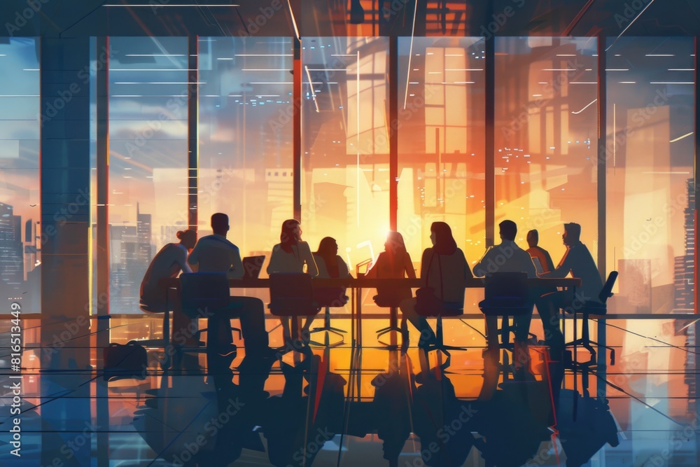 Poster A group of people sitting at a table near a window. Suitable for various business or casual dining concepts