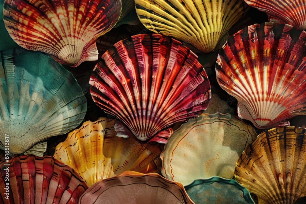 Poster close up view of a variety of colorful shells, perfect for beach and summer themes