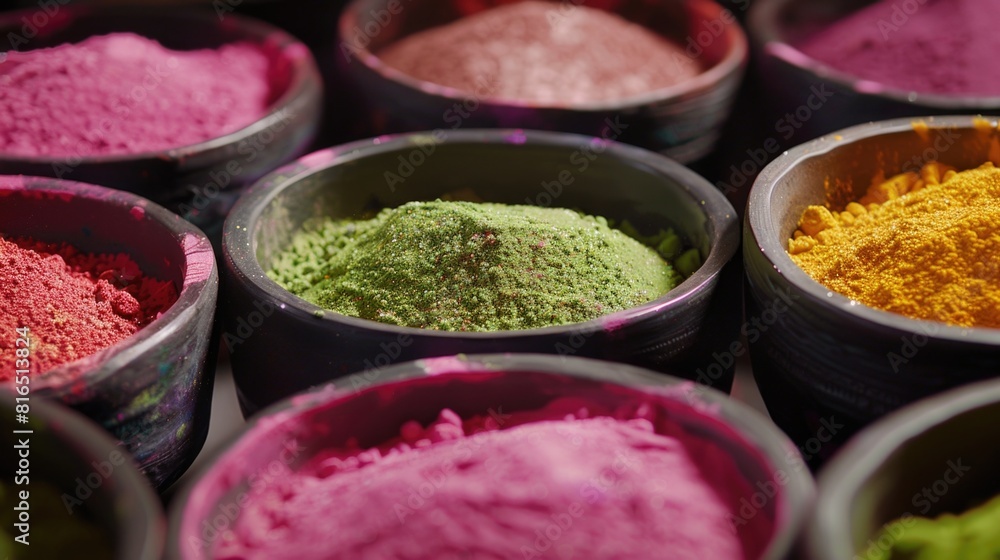 Poster close up of various colored powders, perfect for backgrounds or artistic projects
