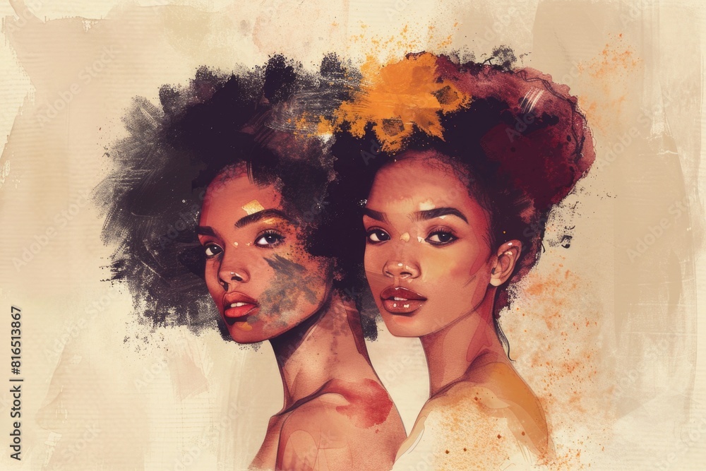 Poster A painting of two women with unique hair colors. Suitable for fashion or beauty concepts