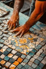 A man is diligently working on a colorful mosaic on a table. Perfect for art and craft projects