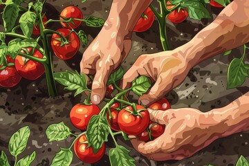 Two hands picking ripe tomatoes, ideal for gardening blogs or food-related articles