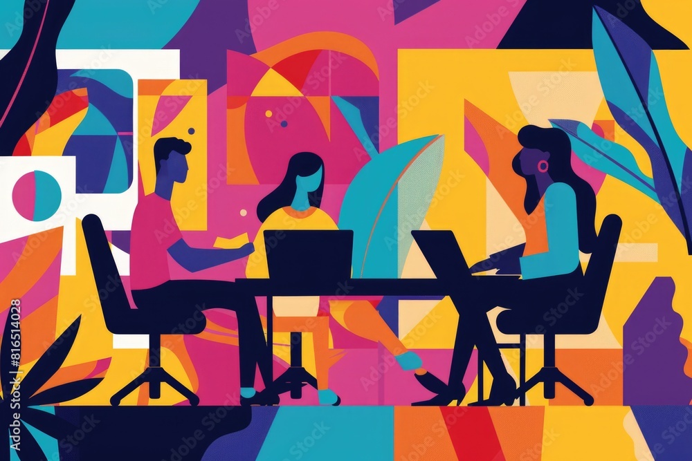 Poster two individuals sitting at a table, focused on their laptops. suitable for business and technology c
