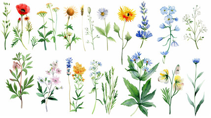 Generative ai watercolor set of Watercolor wild flowers, leaves and grass Collection botanic garden elements, on a white background