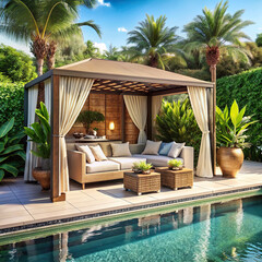 A luxurious poolside cabana with plush seating, tropical plants, and a mini-bar.