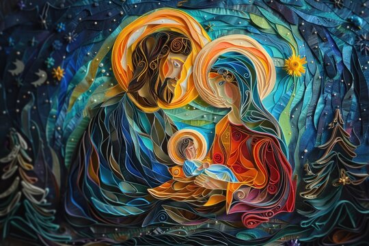 A traditional painting of a nativity scene with baby Jesus in a manger. Suitable for religious themes and Christmas concepts