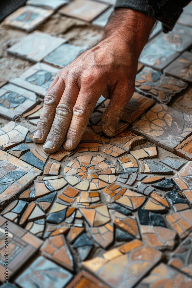 Poster A man diligently working on a mosaic table, perfect for DIY and crafting projects