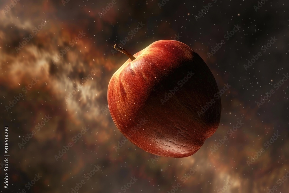Poster a flying apple with a star in the background. suitable for various creative projects