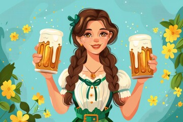 A woman holding two mugs of beer. Perfect for Oktoberfest events