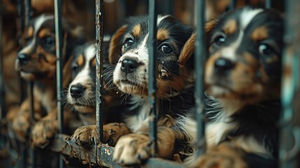 Four puppies are in a cage, looking at the camera