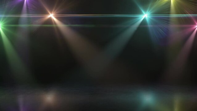 カラフルなスポットライトが動き、反射する地面を照らすループ背景素材
Loop background material with colorful spotlights moving and illuminating the reflective ground