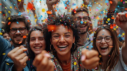 A happy diverse team of startup business people celebrate their business success amidst confetti
