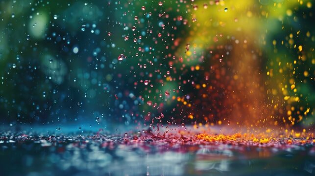 Colorful Rain Dance: Vivid colors explode in a mesmerizing display as raindrops fall, creating a visually stunning and dynamic image of nature's artistry.