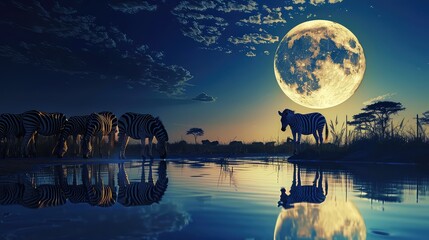 Enthralling image of zebras drinking from a waterhole under the glow of a full moon, their silhouettes bathed in the soft light as they quench their thirst under the night sky.  - Powered by Adobe