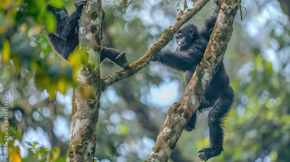Canvas Prints Dynamic composition showcasing the agility and strength of young mountain gorillas as they navigate the treetops with ease, their playful antics a testament to their exuberant spirit. - Canvas Prints