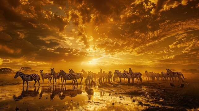 Captivating image of zebras congregating at a waterhole against the backdrop of a vibrant sunset, the golden hues of the sky contrasting beautifully with their monochromatic coats. 