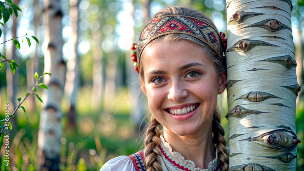 Wall mural Beautiful girl next to a birch tree