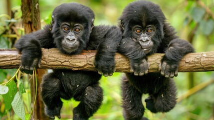 Charming portrait of two juvenile mountain gorillas hanging from a tree, their curious gazes and playful gestures captivating the viewer. 