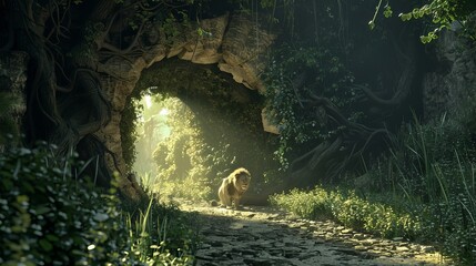 A tunnel with a stone structure at the end, flanked by two lions at the entrance, reminiscent of a portal to another world, similar to Alice in Wonderland