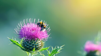 Close-up shot of a bumblebee delicately perched on a vibrant thistle bloom, set against a serene plain green background, evoking a sense of calm and harmony.