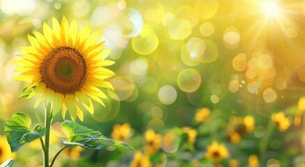 Obraz premium Sunflower in the Sun: A close-up view of a radiant sunflower bathed in the warmth of sunlight, standing tall amid a field of sunflowers.
