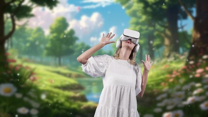 Excited woman looking around VR surround enchant wonderful fairytale forest in wild flower with...