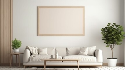 Light minimalistic living room interior with blank picture frame mockup on the wall and sofa in the center.