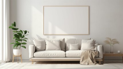 An empty horizontal poster frame mockup adorning the walls of a serene Scandinavian white style living room interior, creating a sense of tranquility