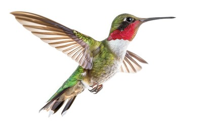 Obraz premium A mesmerizing photo showcasing the graceful movement and vibrant colors of a hummingbird in flight, beautifully contrasted against a bright white background.