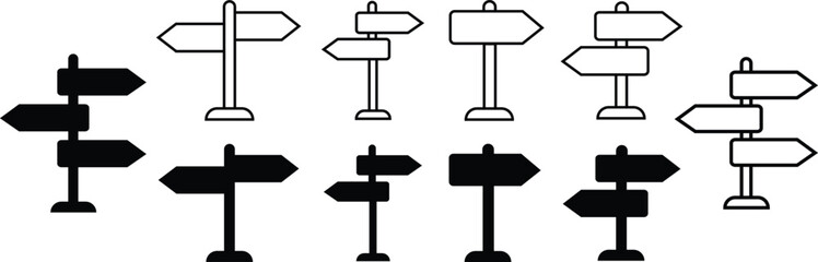 Set of Street signpost flat vectors icons. Way finding signs, Navigate effortlessly with our directional signs. Traffic direction boards. Ideal for guidance themed designs on transparent background.