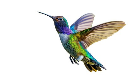 Naklejka premium An engaging photo featuring the bright and iridescent plumage of a flying hummingbird against a pure white background, creating a captivating and visually striking image for various design purposes.