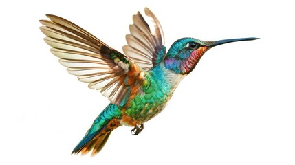 Fototapeta premium A mesmerizing shot capturing the shimmering colors and agile movement of an exotic hummingbird in flight, beautifully contrasted against a pure white background for a stunning.
