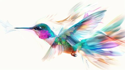 An enchanting photo capturing the vibrant colors and graceful flight of a bright, iridescent hummingbird against a clean white background, perfect for adding a touch of exotic beauty to any project.
