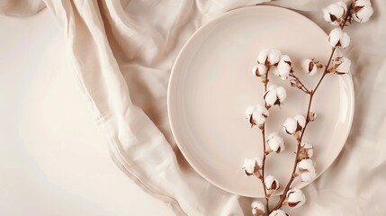 Modern dinner setting with neutral beige tablecloth and empty plate. Cotton flowers and branch add...