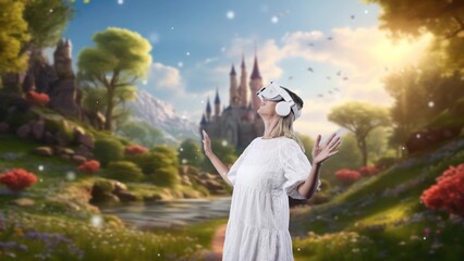 Excited smiling woman looking via VR getting fresh air in fairytale forest at fantasy castle with...