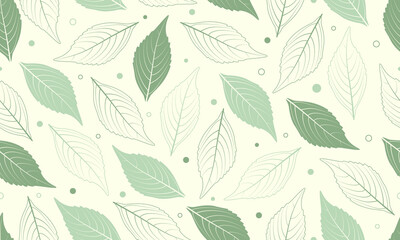 Fototapeta premium Pastel green leaves seamless pattern on light yellow background. Vector Repeating Texture.