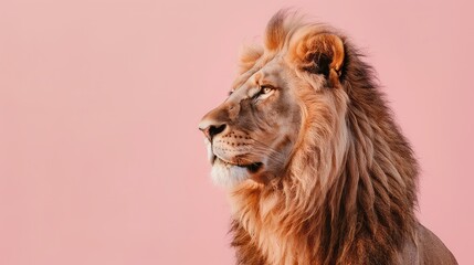 Fototapeta premium An engaging photo capturing the powerful presence of a lion against a delicate pink backdrop, offering a serene and elegant option for a high-resolution 4K wallpaper. 