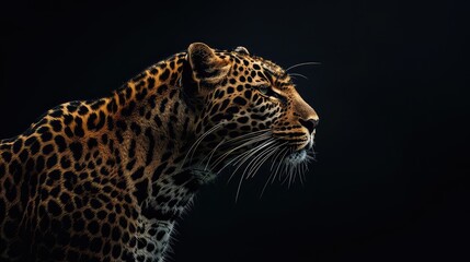 Naklejka premium An atmospheric photo capturing the timeless beauty of a leopard against a deep black background, with its majestic presence and elegant profile making it a stunning subject for a captivating.