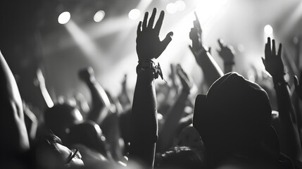 Black and white shot of anonymous people holding hands up and cheering while spending time on...