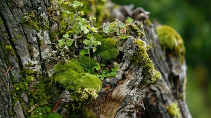 Obraz premium Close up images of a decaying tree trunk covered in moss in a garden