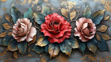 Red and pink roses with green leaves are drawn in volume on a wooden vintage background - Powered by Adobe