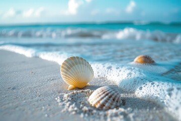 Fototapeta na wymiar three seashells on a sandy beach near the ocean