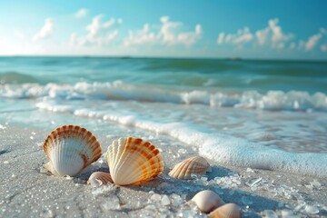 three seashells on a sandy beach near the ocean