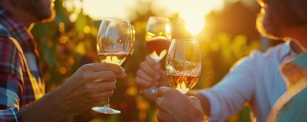 Group enjoying wine in vineyard at sunset.