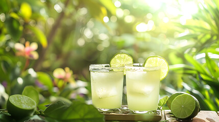Two glasses of lime juice placed on a table in a sunny garden
