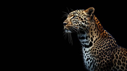 A captivating image featuring the regal posture of a leopard against a deep black background, with its sleek form and intense gaze creating a mesmerizing visual experience in breathtaking.